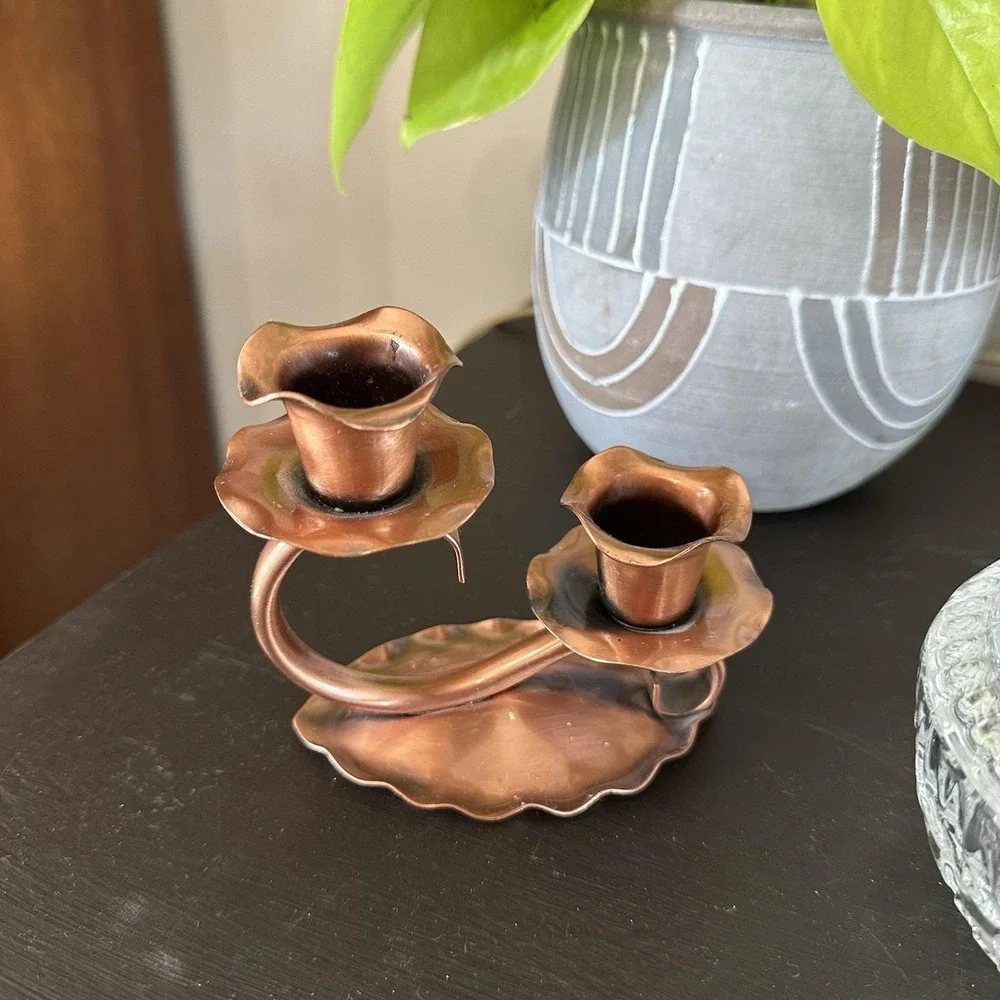 VTG Gregorian Solid Copper Double Candle Holder Scalloped Edge Cottagecore